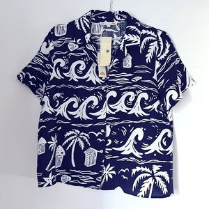 C&C California Hawaiian Novelty Beachy Print Linen Blend Button Down Shirt NEW